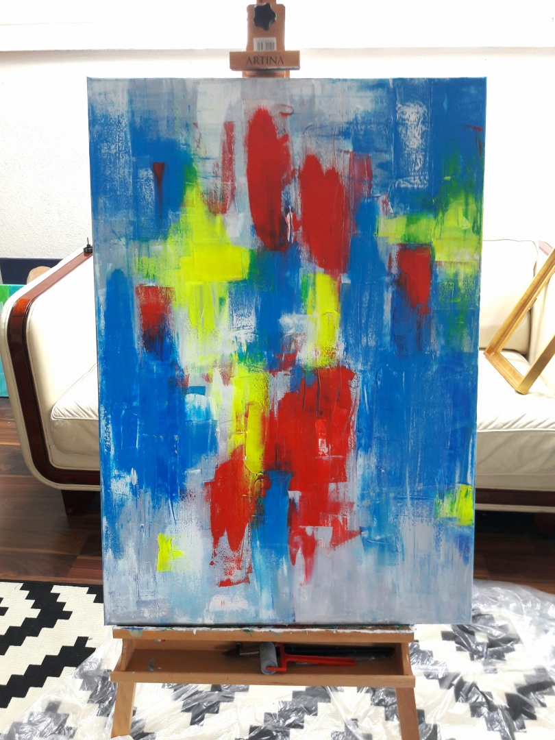 Das Kunstwerk ist fertig! Ein großformatiges Leinwandbild in Blau, Rot, Grau und Neon