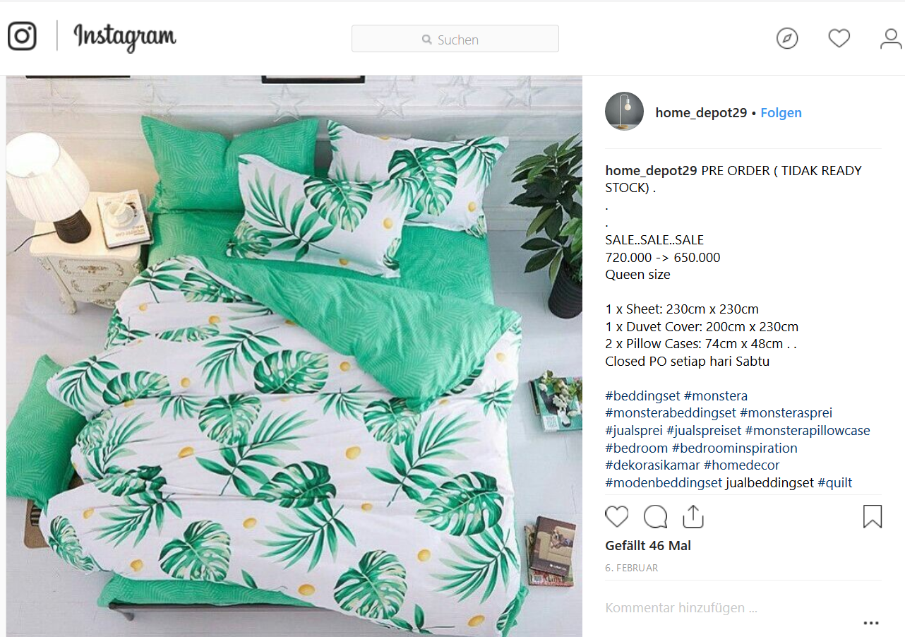 Bettwäsche mit Monstera-print auf Instagram